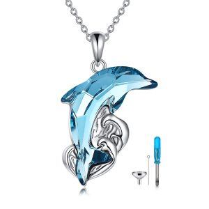 Dolphin Necklace Ocean Wave Jewelry for Women Sterling Silver Blue Dolphin Crystal Pendant Gifts for Girls-0