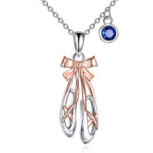 925 Sterling Silver Birthstone Dance Necklace Ballet Shoes Jewelry Rose Gold Plated Ballerina Pendant Necklace for Girls-0