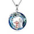 wholesale 925 Sterling Silver Blue Crystal Round Pendant with Sisters Design - Birthday & Christmas Gifts-0-0