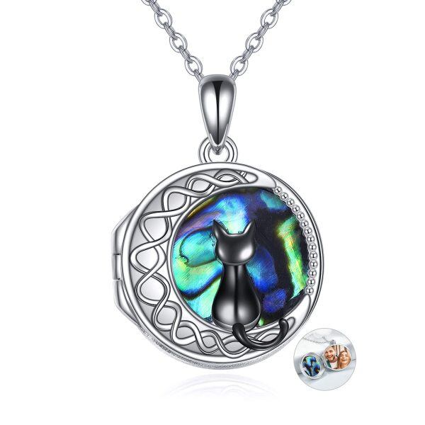 Sterling Silver Black Cat Moon Photo Locket Necklace-0