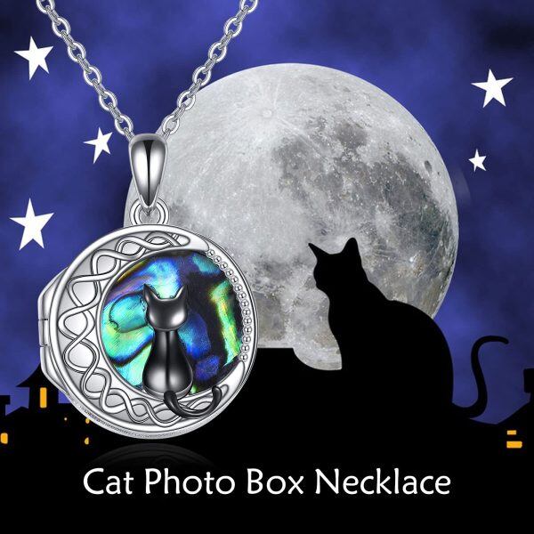 Sterling Silver Black Cat Moon Photo Locket Necklace-4