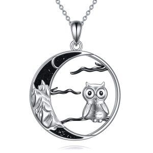Owl/Raven Necklace for Women Sterling Silver Crescent Moon Black Owl Mountain Jewelry-0
