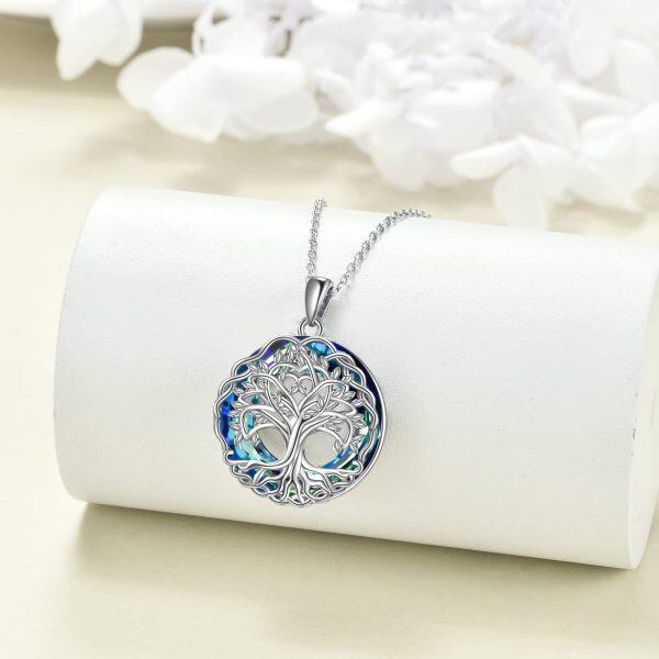 Sterling Silver Blue Crystal Tree of Life Pendant Necklace-3