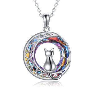 Cat Necklace for Women Sterling Silver Crystal Celtic Moon Pendant Irish Jewelry Family Gifts-0