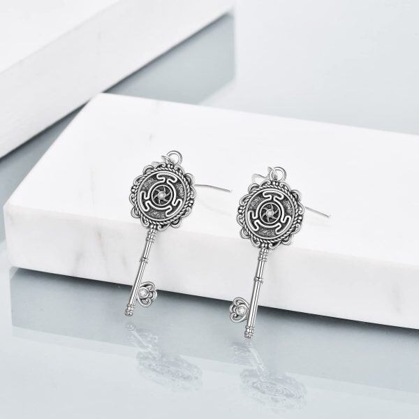 925 Sterling Silver Wheel of Hecate Key Drop Earrings-3