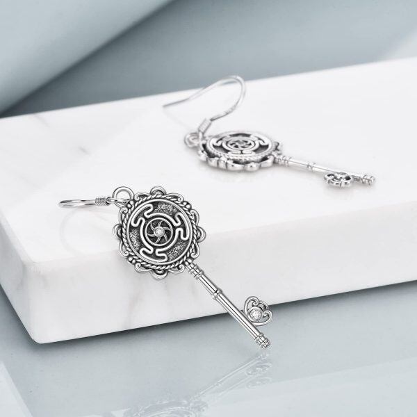 925 Sterling Silver Wheel of Hecate Key Drop Earrings-4