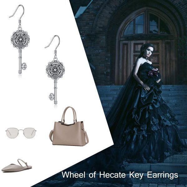 925 Sterling Silver Wheel of Hecate Key Drop Earrings-5