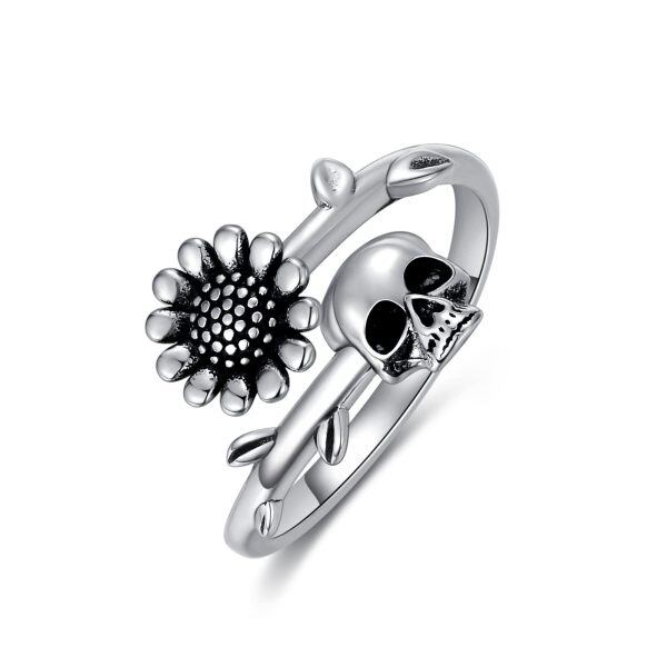 Sterling Silver Rose Skull Rings-0