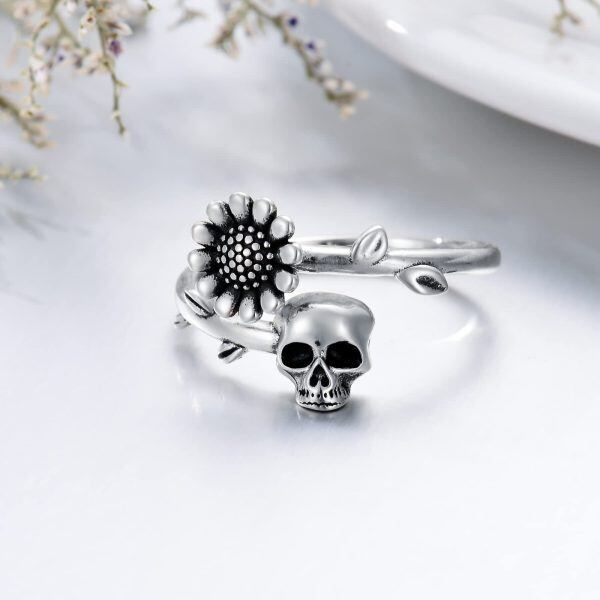 Sterling Silver Rose Skull Rings-4