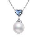 wholesale 925 Sterling Silver Blue Crystal & White Pearl Heart Pendant Necklace for Women-0-0