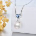 wholesale 925 Sterling Silver Blue Crystal & White Pearl Heart Pendant Necklace for Women-0-2