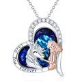 wholesale 925 Sterling Silver Blue Crystal Unicorn and Girl Heart Pendant Necklace for Women 2-Tone -0-0