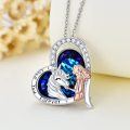 wholesale 925 Sterling Silver Blue Crystal Unicorn and Girl Heart Pendant Necklace for Women 2-Tone -0-1