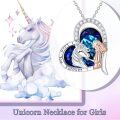wholesale 925 Sterling Silver Blue Crystal Unicorn and Girl Heart Pendant Necklace for Women 2-Tone -0-5