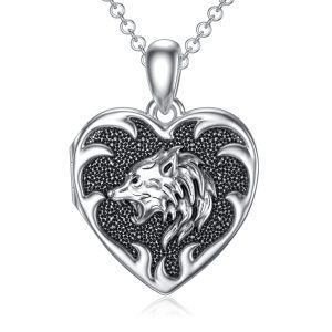 Sterling Silver Heart Wolf Necklace-0