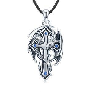 Sterling Silver Dragon Cross Necklace-0