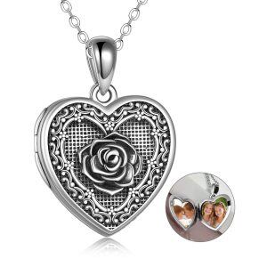 Sterling Silver Rose Heart Necklace-0