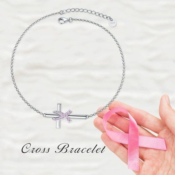 Sterling Silver Cross Pink Ribbon Bracelet-2