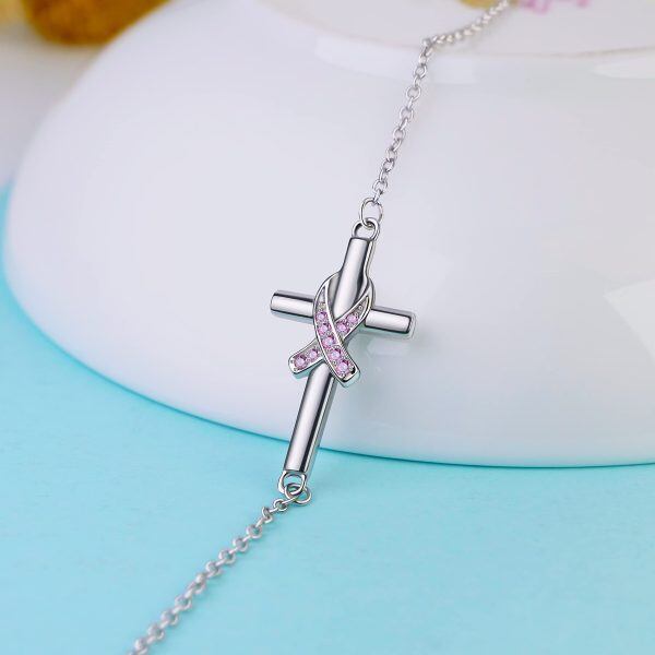 Sterling Silver Cross Pink Ribbon Bracelet-4