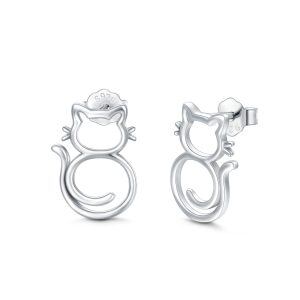 Sterling Silver Cat Stud Earrings-0