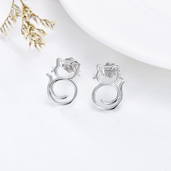 Sterling Silver Cat Stud Earrings-1