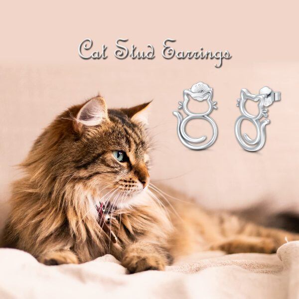 Sterling Silver Cat Stud Earrings-3