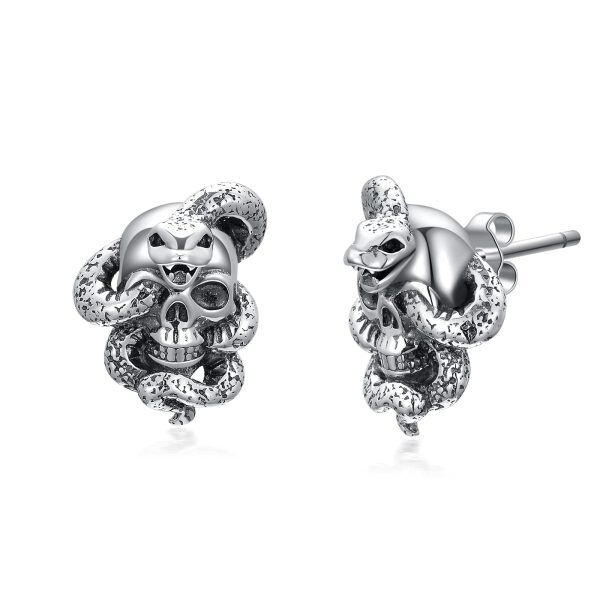 Sterling Silver Skull Snake Earrings-0