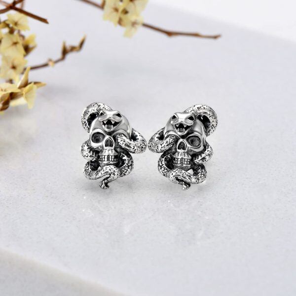 Sterling Silver Skull Snake Earrings-4