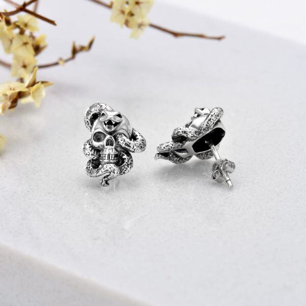 Sterling Silver Skull Snake Earrings-5