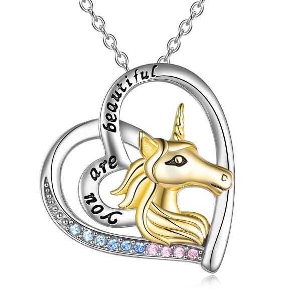 Sterling Silver Heart Unicorn Necklace-0