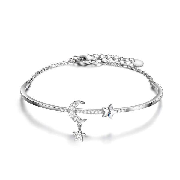 Sterling Silver Moon Star Bangle Bracelet-0