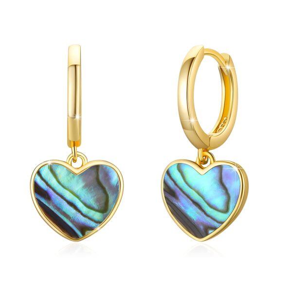 925 Sterling Silver 14K Gold Plated Abalone Heart Hoop Earrings-0