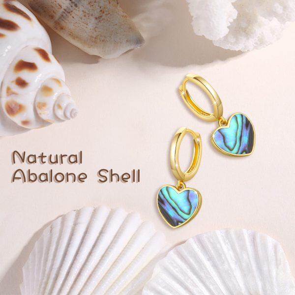 925 Sterling Silver 14K Gold Plated Abalone Heart Hoop Earrings-1