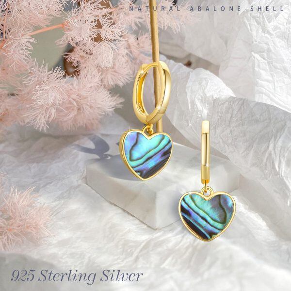 925 Sterling Silver 14K Gold Plated Abalone Heart Hoop Earrings-4