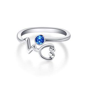 Sterling Silver Heartbeat Stethoscope Adjustable Ring Birthstone Crystal-0