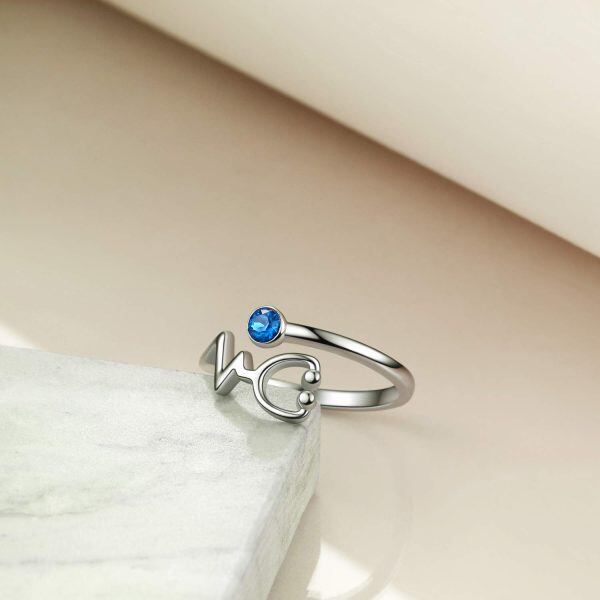 Sterling Silver Heartbeat Stethoscope Adjustable Ring Birthstone Crystal-1