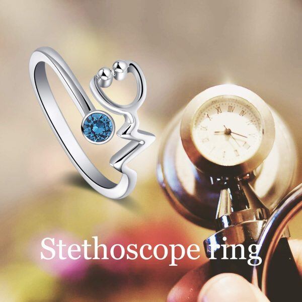 Sterling Silver Heartbeat Stethoscope Adjustable Ring Birthstone Crystal-5