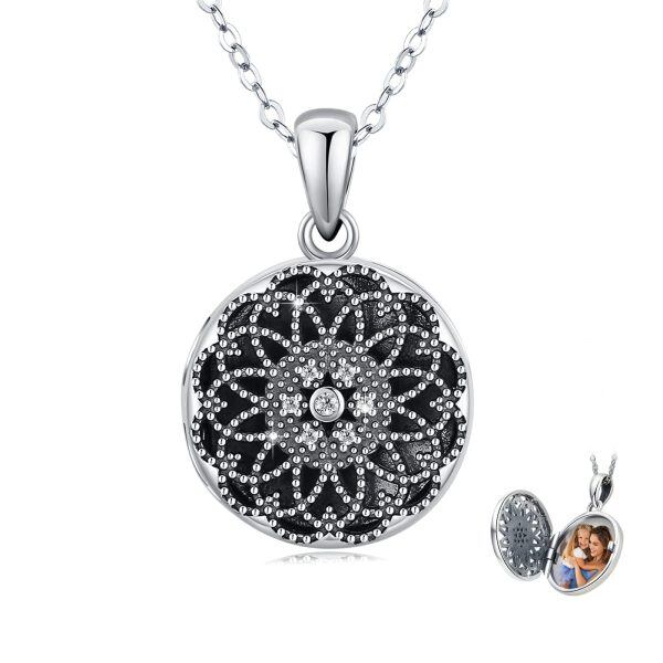 925 Sterling Silver Round Flower Photo Locket Necklace-0