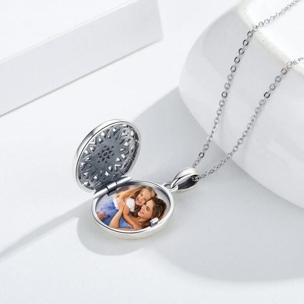 925 Sterling Silver Round Flower Photo Locket Necklace-3