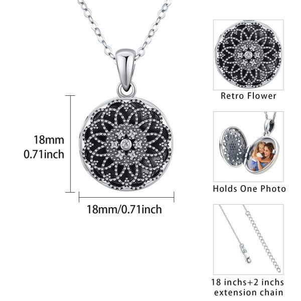 925 Sterling Silver Round Flower Photo Locket Necklace-4