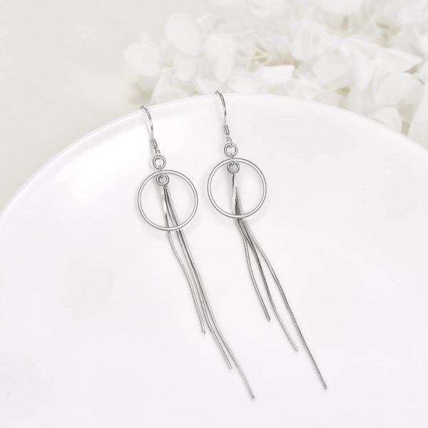 Sterling Silver Circle Fringe Dangle Earrings-1