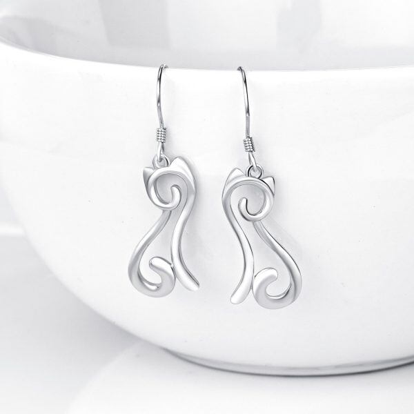 925 Sterling Silver Cat Drop Earrings-4