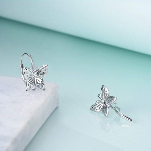 925 Sterling Silver Butterfly Leverback Dangle Earrings-1