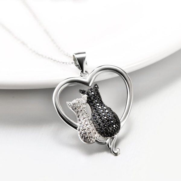 925 Sterling Silver Heart Cat Necklace-3