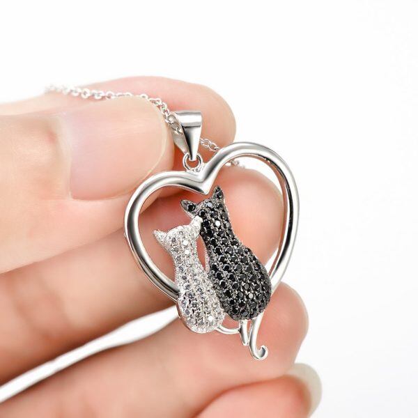 925 Sterling Silver Heart Cat Necklace-4