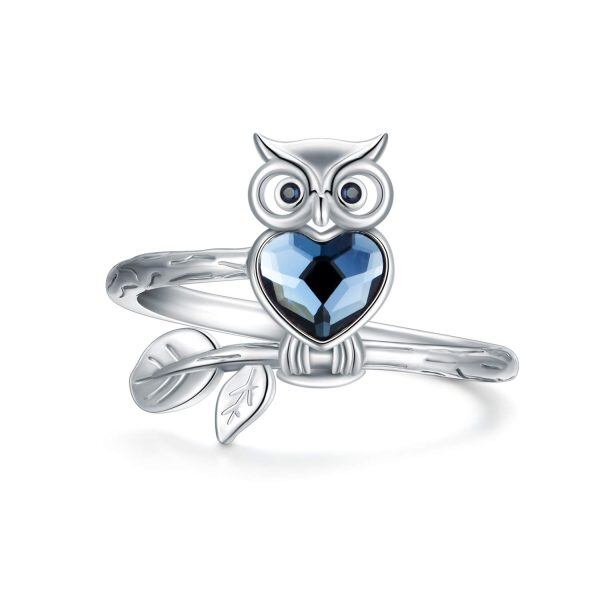 925 Sterling Silver Owl Ring Heart Crystal Ring-0