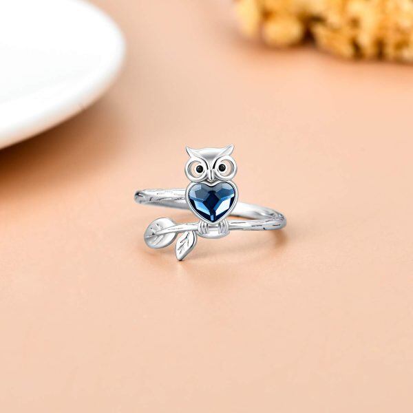 925 Sterling Silver Owl Ring Heart Crystal Ring-1