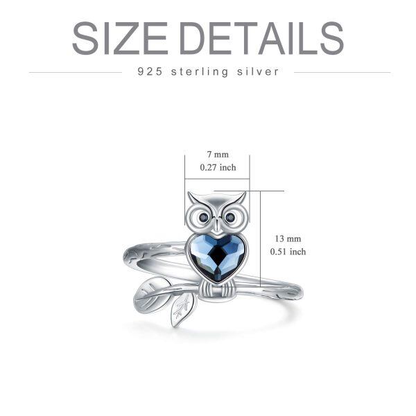 925 Sterling Silver Owl Ring Heart Crystal Ring-3