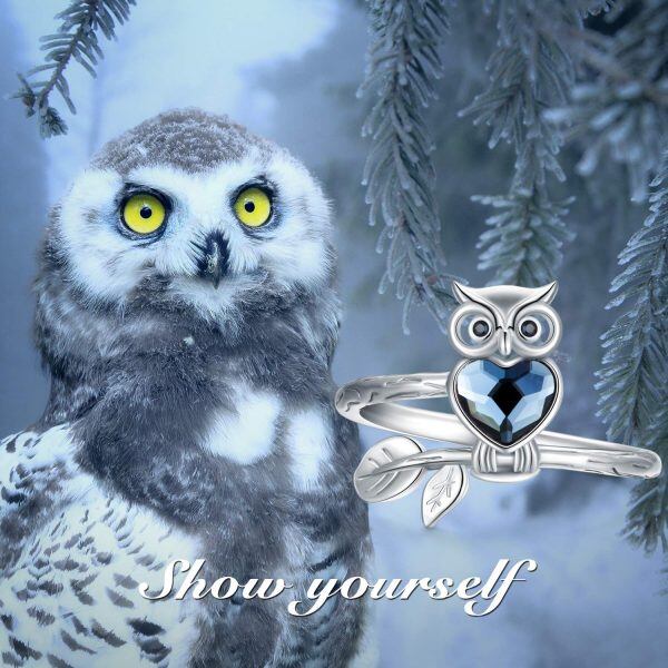 925 Sterling Silver Owl Ring Heart Crystal Ring-5