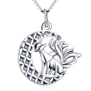 925 Sterling Silver Fox Crescent Moon Necklace -0